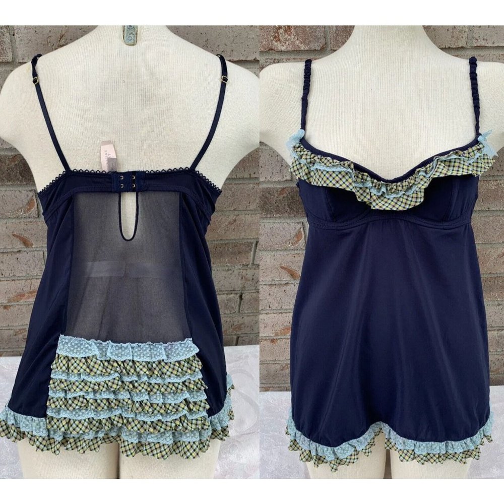 New Victoria Secret Plaid Ruffles Blue Teddy Lingerie Babydoll Chemise NWT 36B
